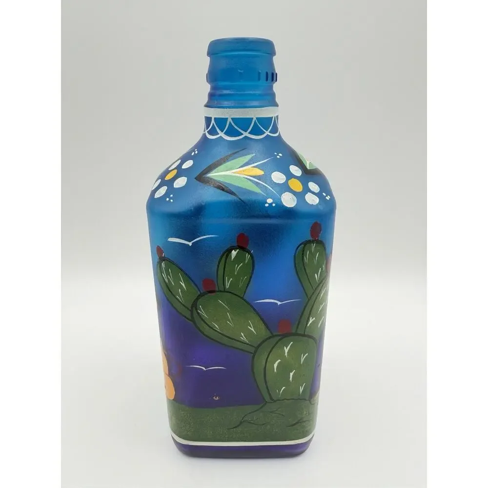 Blue Frosted Glass Siesta Sleeping Man Bottle 10” Hand Painted Bar Decor Mexico
